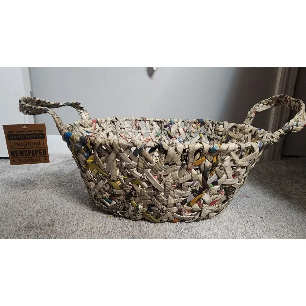 Trader Joe's Hand Woven Recycled Newspaper Basket Oval Decor with‎ Handles